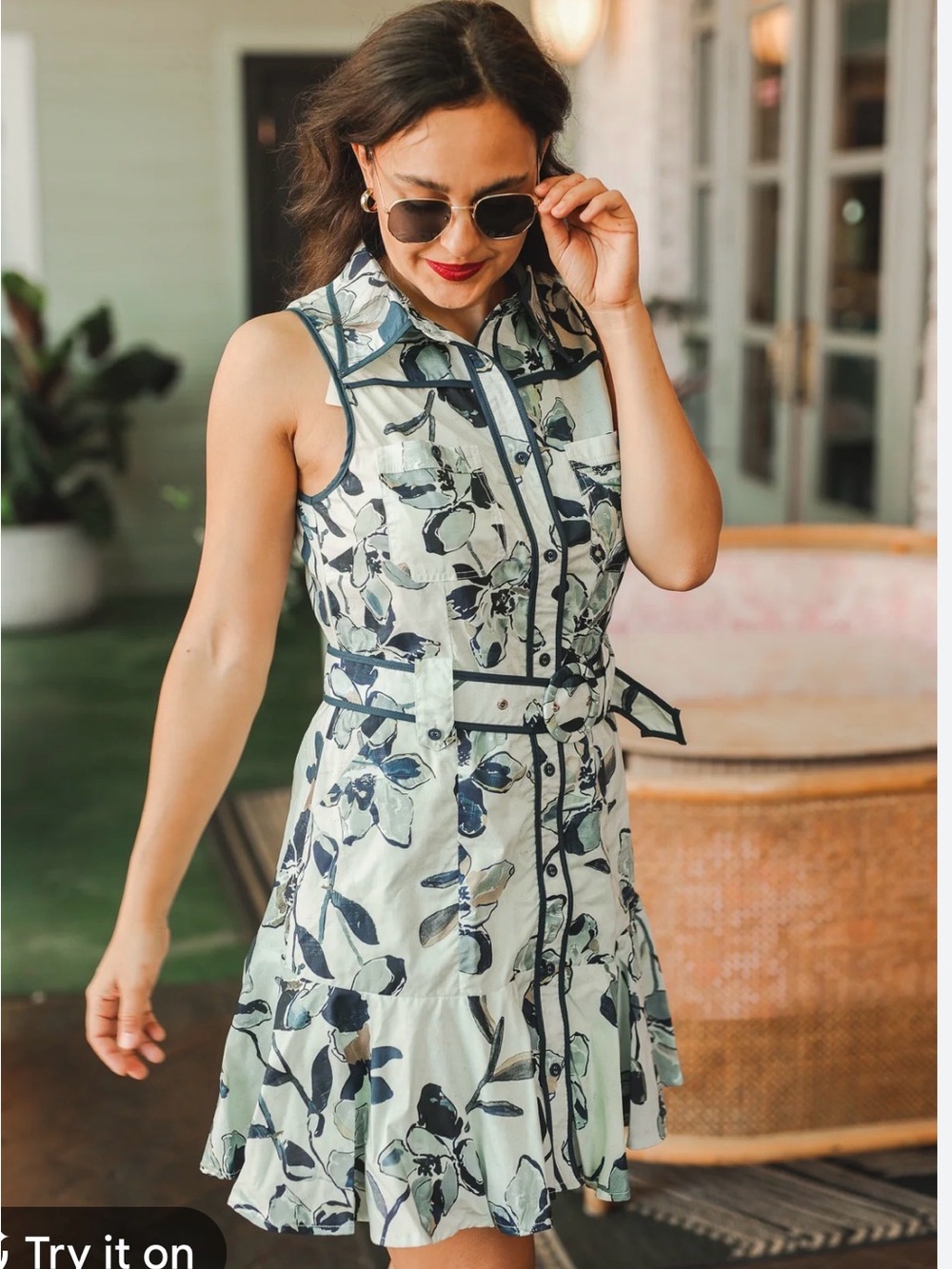 Entro Brand Sleeveless Floral Shirt Dress with Belt - Navy & Cream - Picture 2 of 5